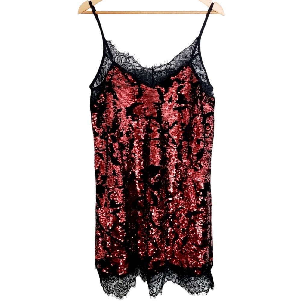 Gabby Isabella Red Sequin Lace Slip Dress Medium Knee Length